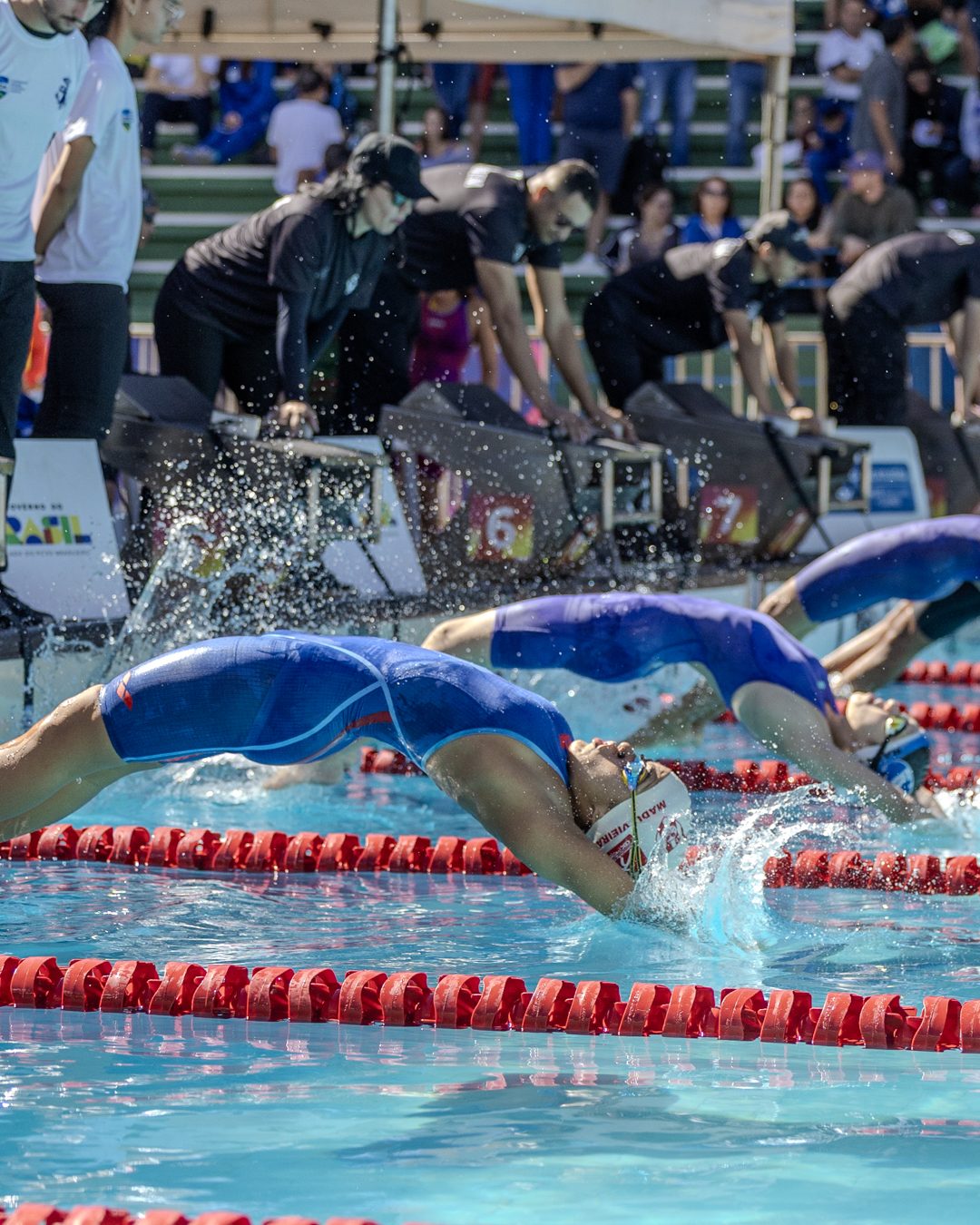 Largada de costas numa piscina de competição: as nadadoras se lançam para trás sobre a água, com a arbitragem de partida debruçada nos blocos.